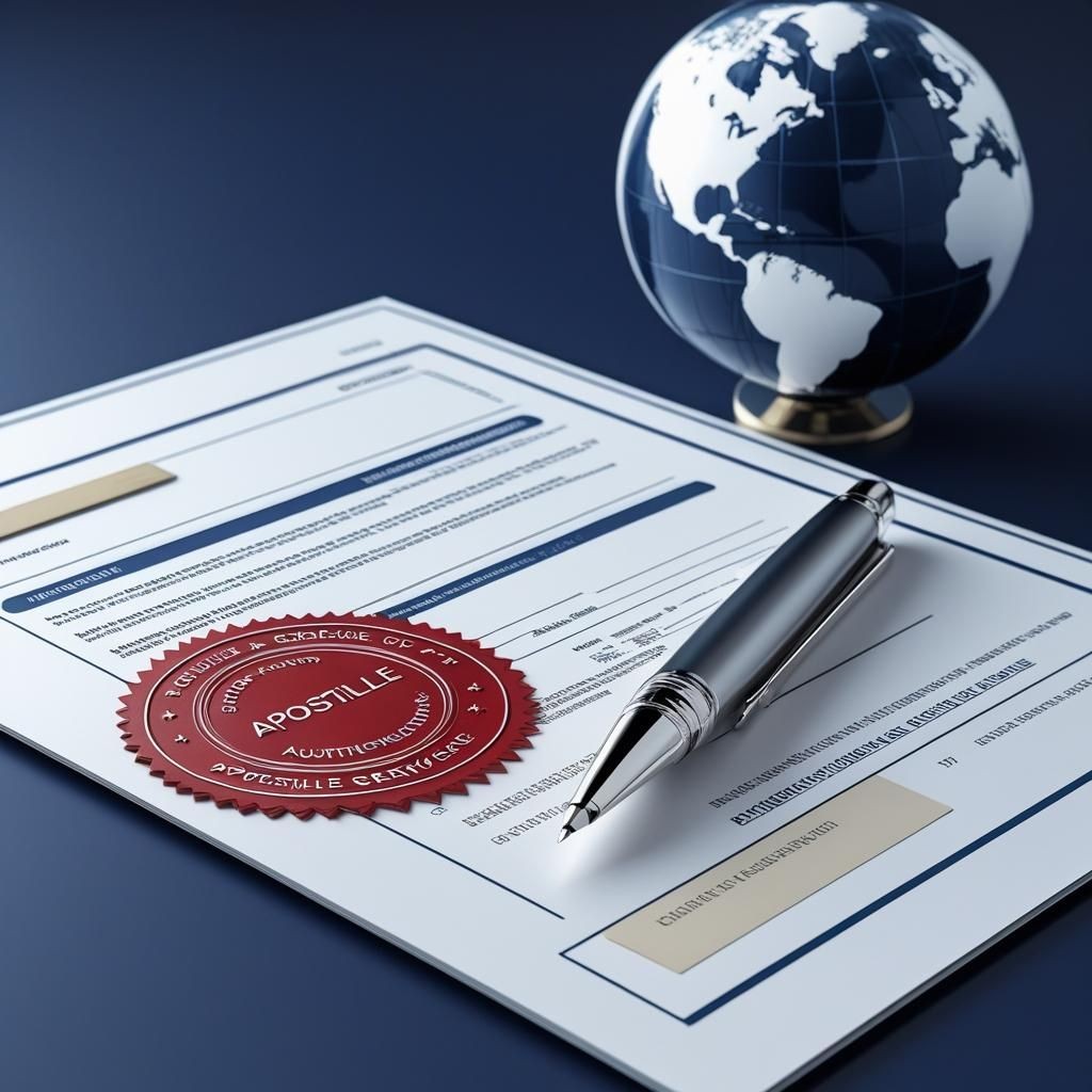 Document with an apostille stamp, pen, and a small globe model on a dark surface.